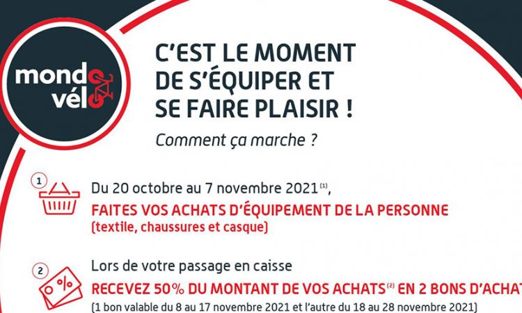 50 pourcent remboursés sur vos équipements cycliste: vêtements, chaussures, casques dans les magasins Mondovélo Chambéry, Annecy et Grenoble